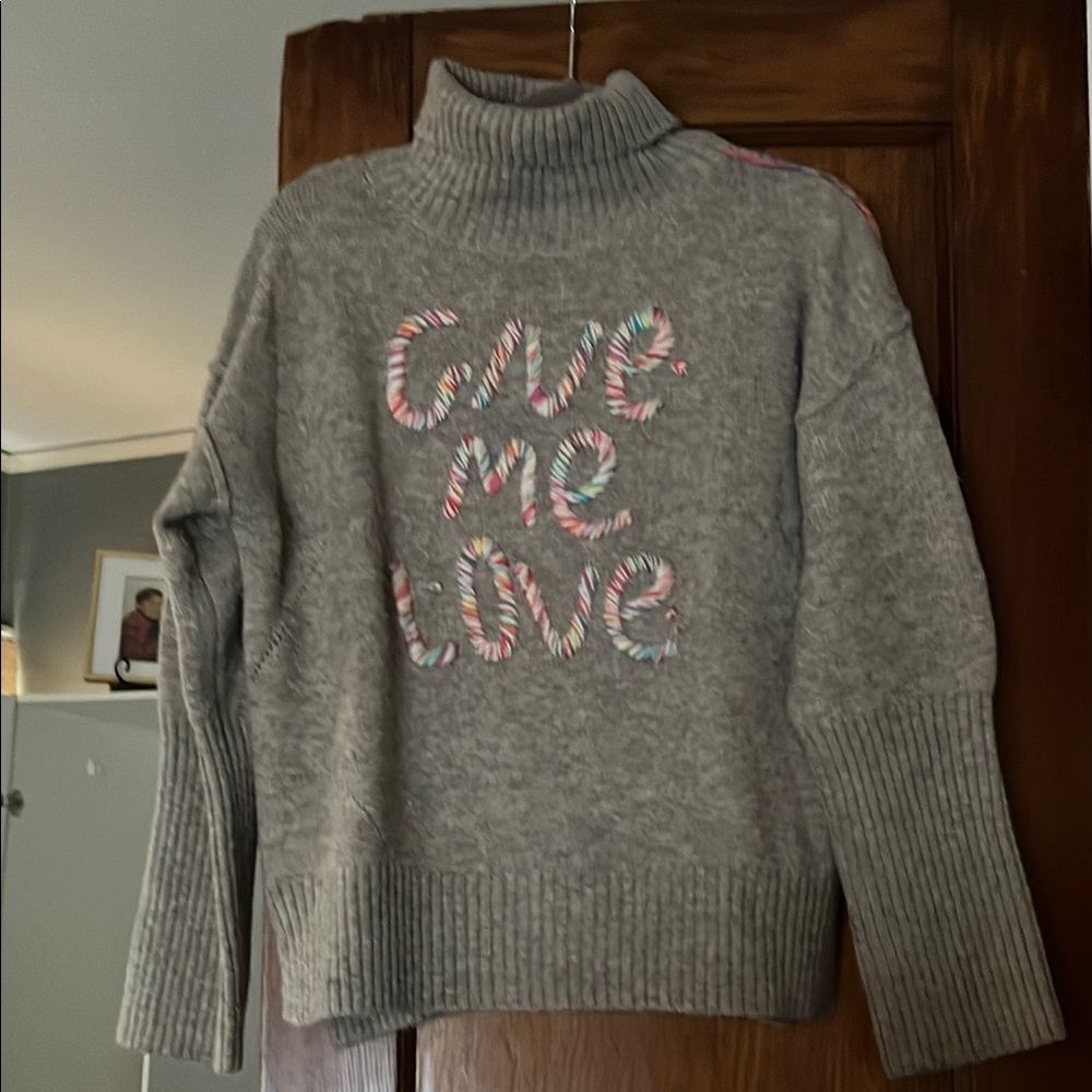 Listicle Gray and Pink Cowl Neck Sweater with Romantic Text